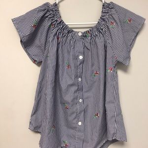 Blue and white checkered off the shoulder top